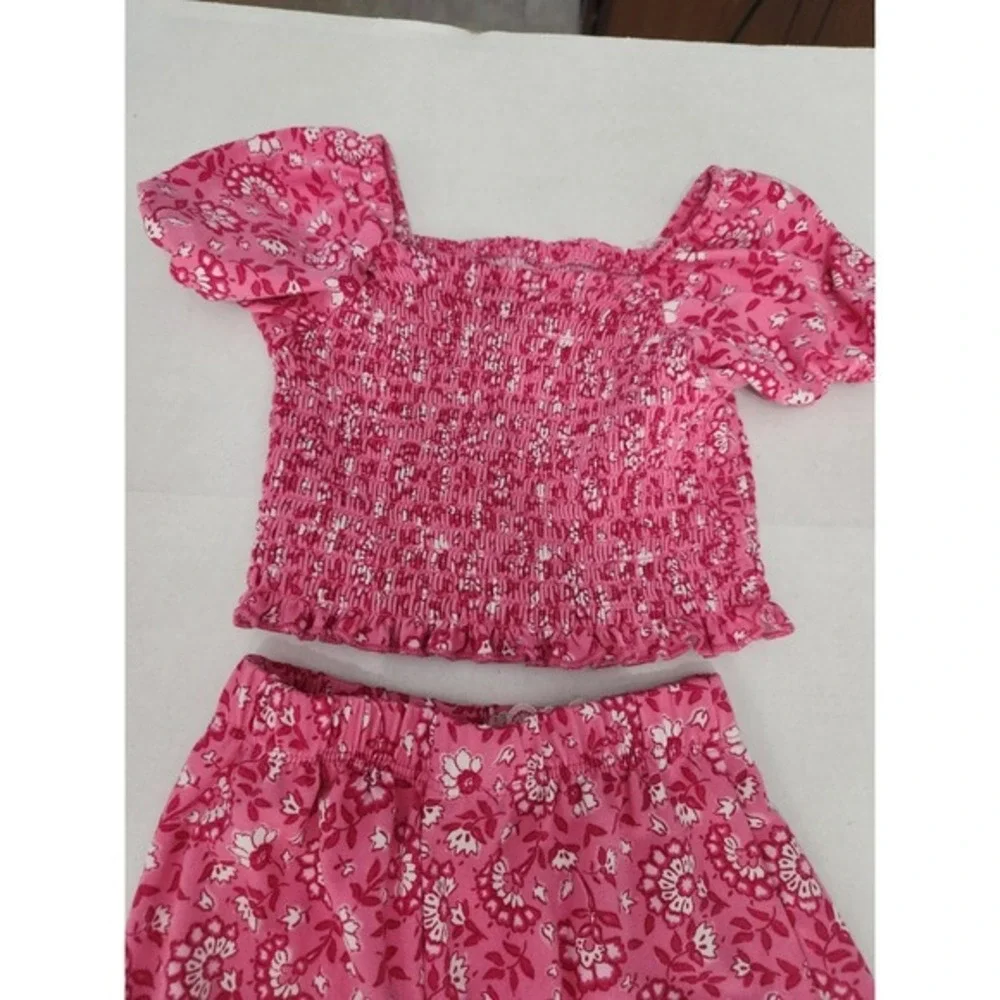 btween Girls Pink Floral Smocked Off Shoulder Crop Top Wide Leg Jumpsuit 3T - Picture 2 of 11